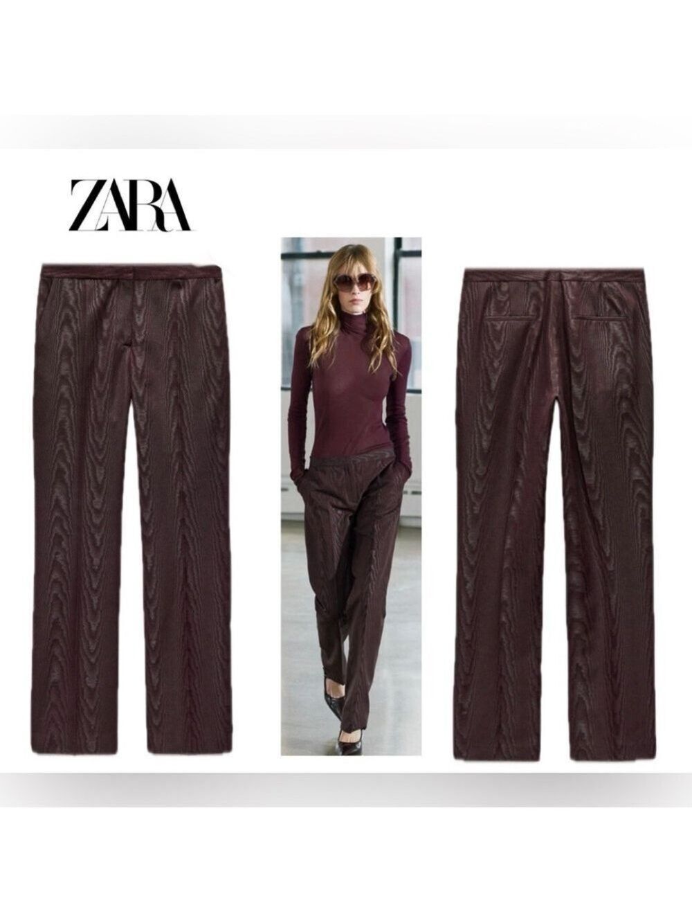 Zara Pants Womens Medium Moire Effect ZW Collection Burgundy Flat Front NWOT